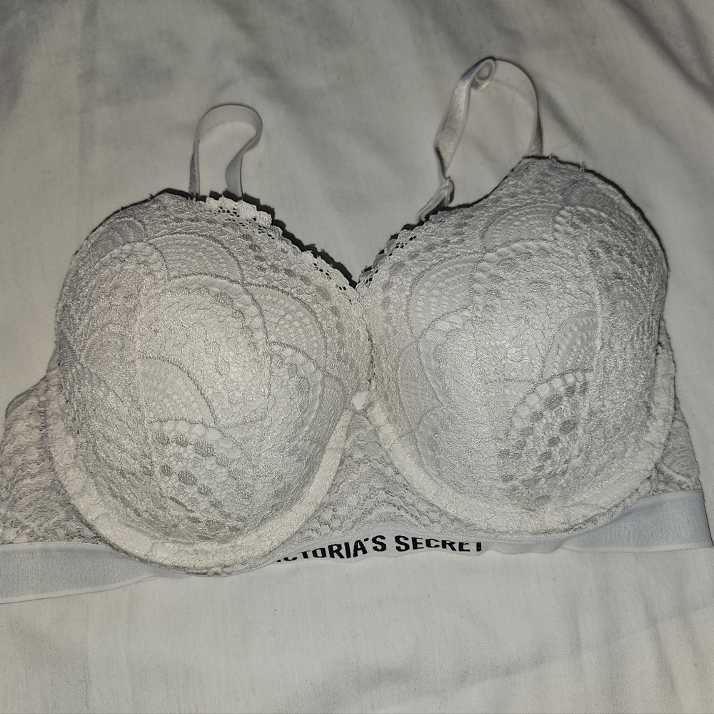 PINK LACE STRAP LOGO Victoria's Secret 34D Ivory Lace T-shirt Lined demi Bra